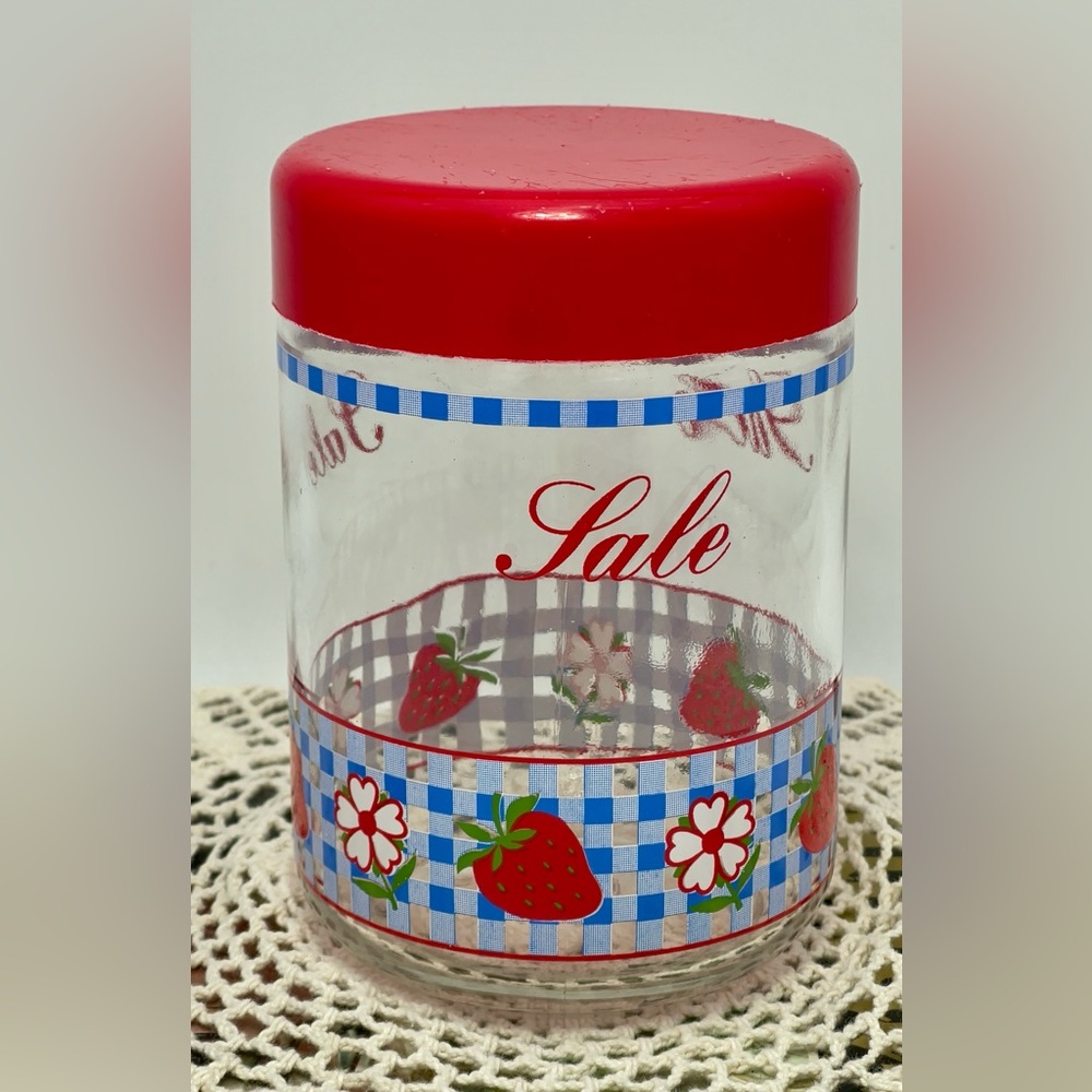 Vintage glass bowl with screw on top  | strawberry themed storage | food storage